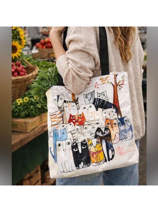 None Handbags - MANY-PAWS MULTI-CAT ARTISTIC FELINE CAT PRINT CANVAS GROCERY TOTE SHOPPING BAG